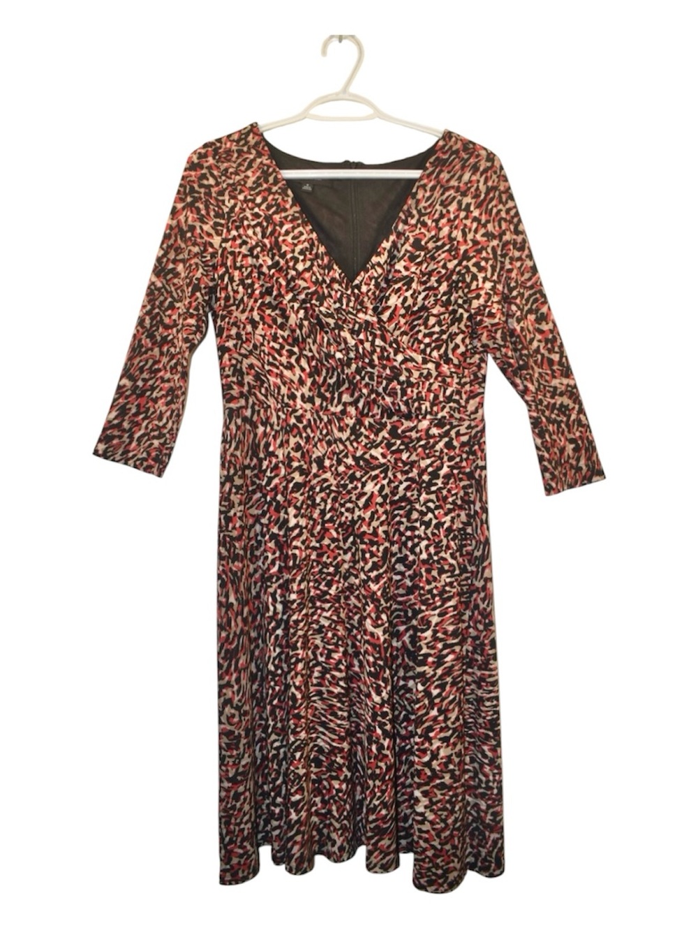 Patterned V-Neck Long Sleeve Dress in Black, Pink & Cream